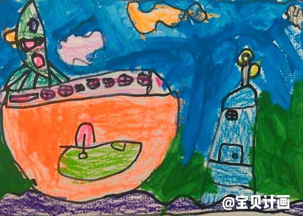 漂亮的船和灯塔-儿童美术绘画学员作品