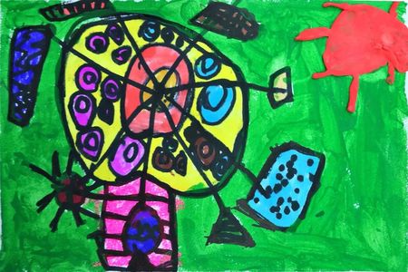 这幅作品讲的是两个飞机刚刚从陆地起飞,要比赛的场景,小朋友造型独特